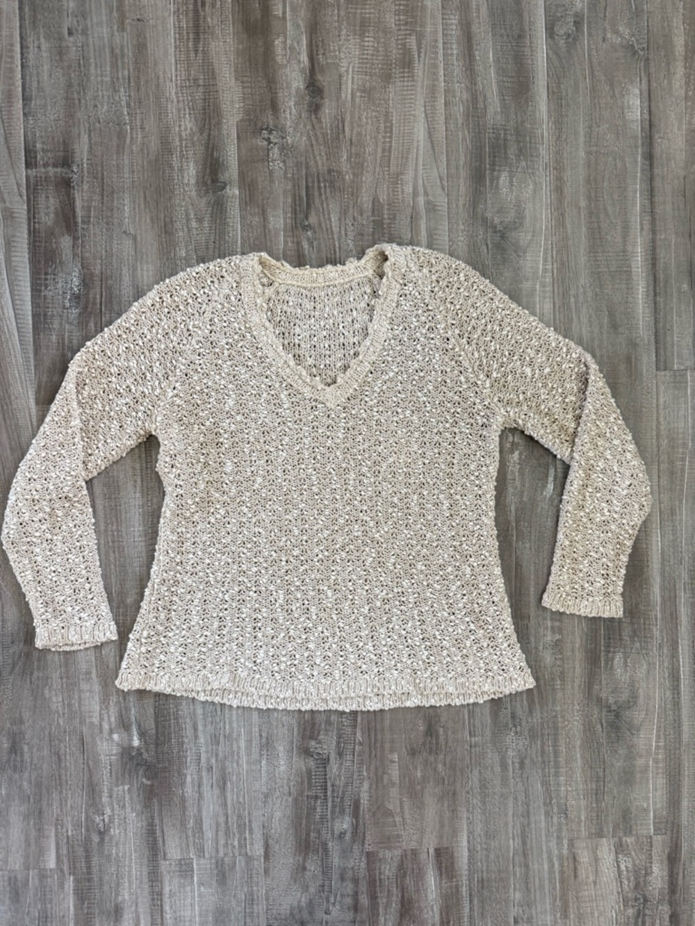Textured V-Neck Open Knit Sweater - Neutral Cream